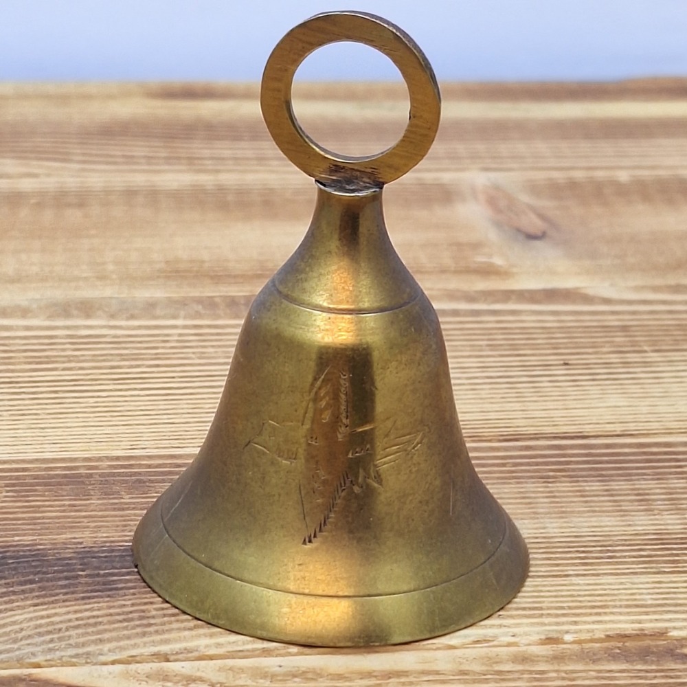 Vintage Small 3" Brass Bell Bird Etchings Stickered India